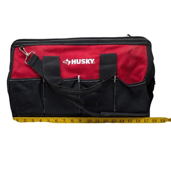 Husky Zippered Tool Bag Red Black 18 in Wide Mouth Canvas with Shoulder Strap - Picture 7 of 15